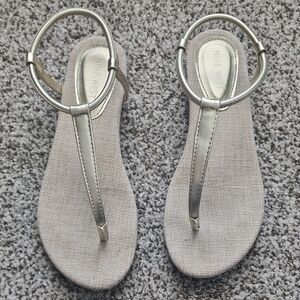 Nine West Silver T-Strap Sandals with Neutral Woven Footbed